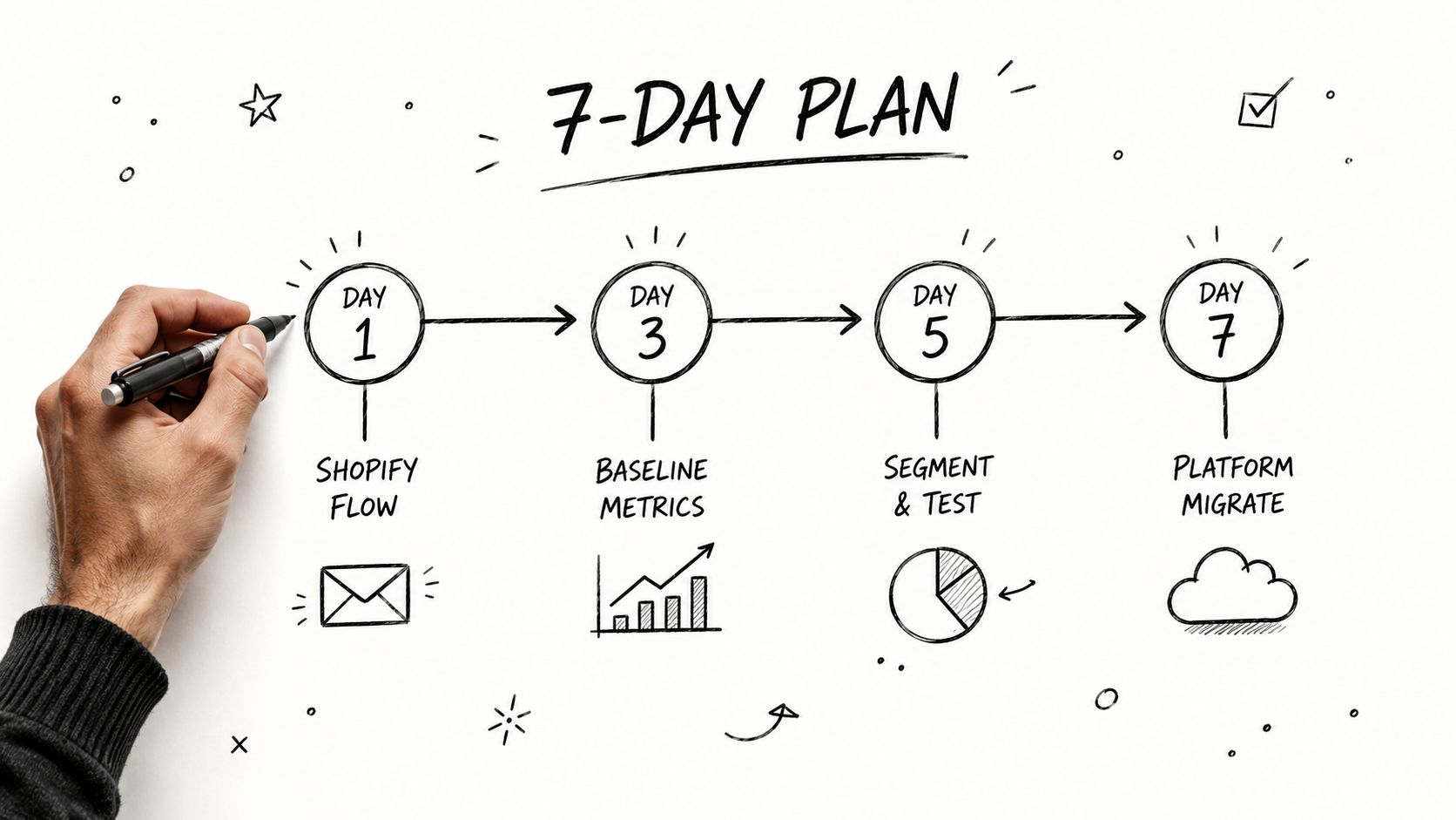 A hand drawing a four-step 7-day plan diagram on a white background for business workflow optimization.