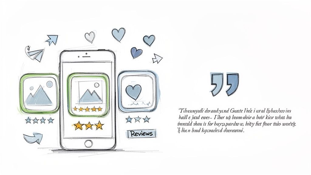 Sketch of a smartphone showing a 5-star review, surrounded by app icons, hearts, and arrows.