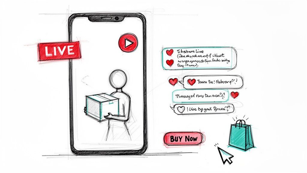 Hand-drawn sketch of a smartphone displaying live stream shopping, user comments, and a buy now button.