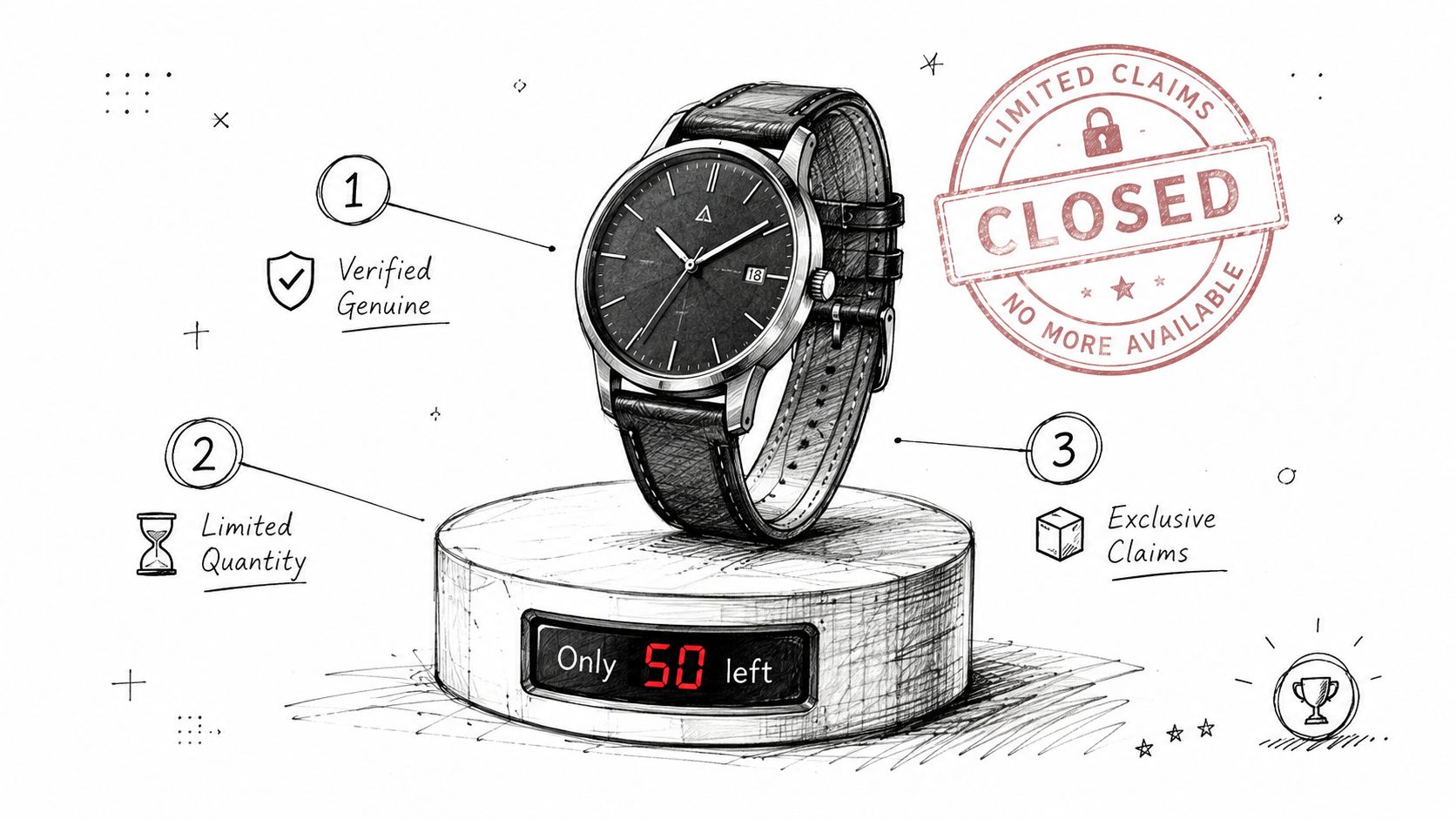 A hand-drawn illustration of a luxury watch on a display stand with a digital counter showing fifty units remaining.
