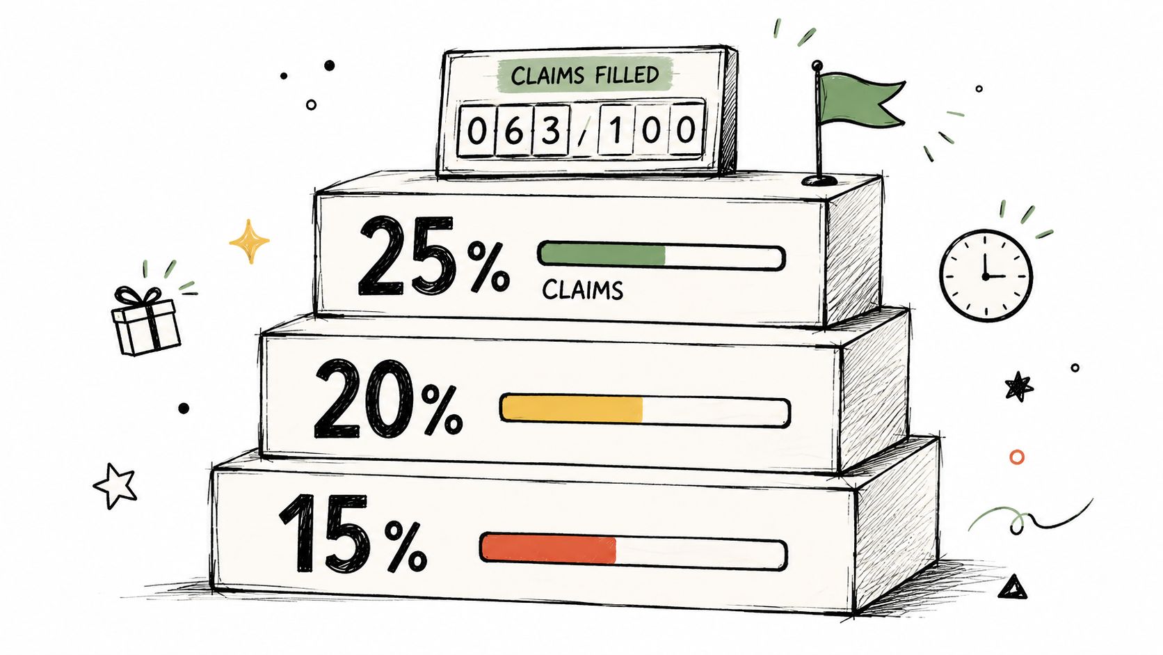 A hand-drawn illustration showing a tiered progress chart with claim counts and performance percentage levels.