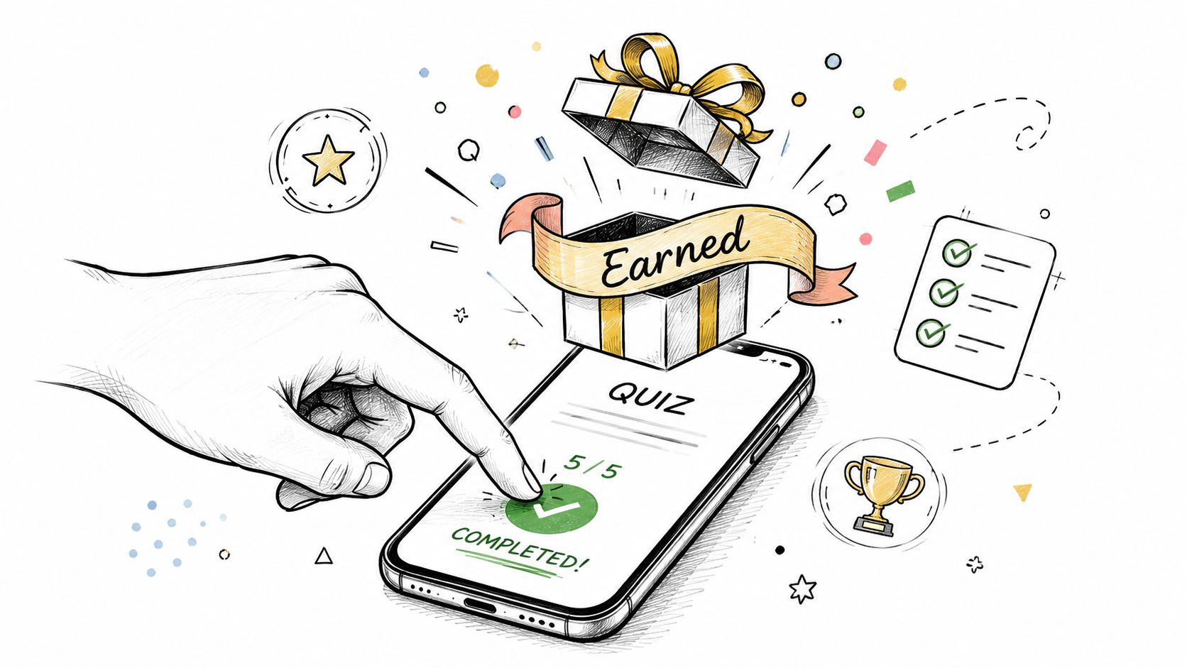 A hand tapping a phone screen displaying a completed quiz with a reward gift box above it.