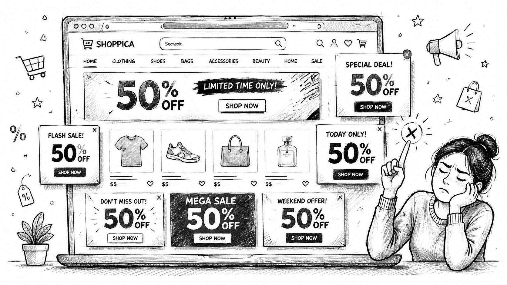 A woman annoyed by excessive pop-up advertisements on a shopping website illustrating the anchoring and adjustment heuristic.