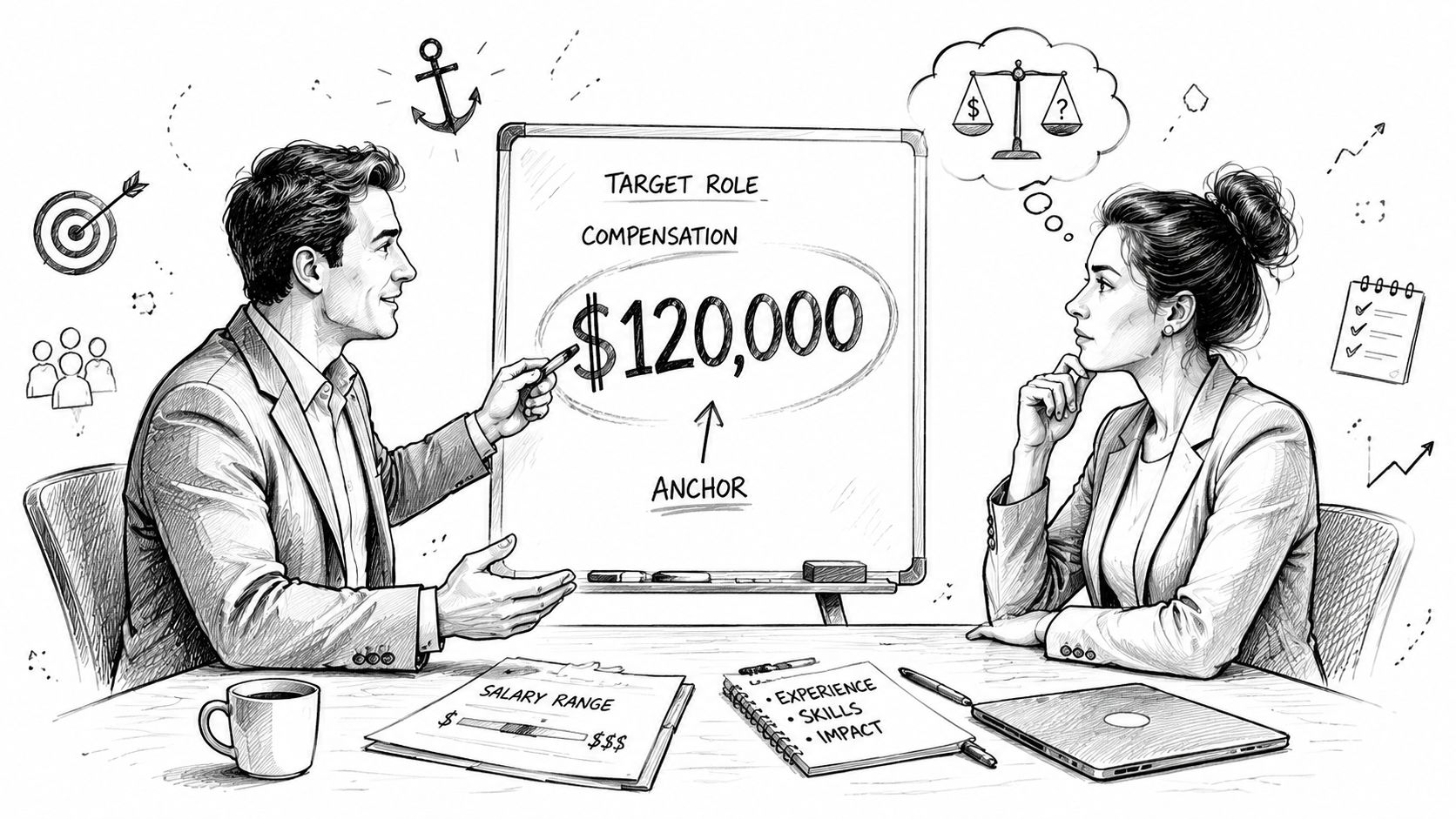 A professional man and woman discussing a $120,000 salary anchor point on a whiteboard during a meeting.