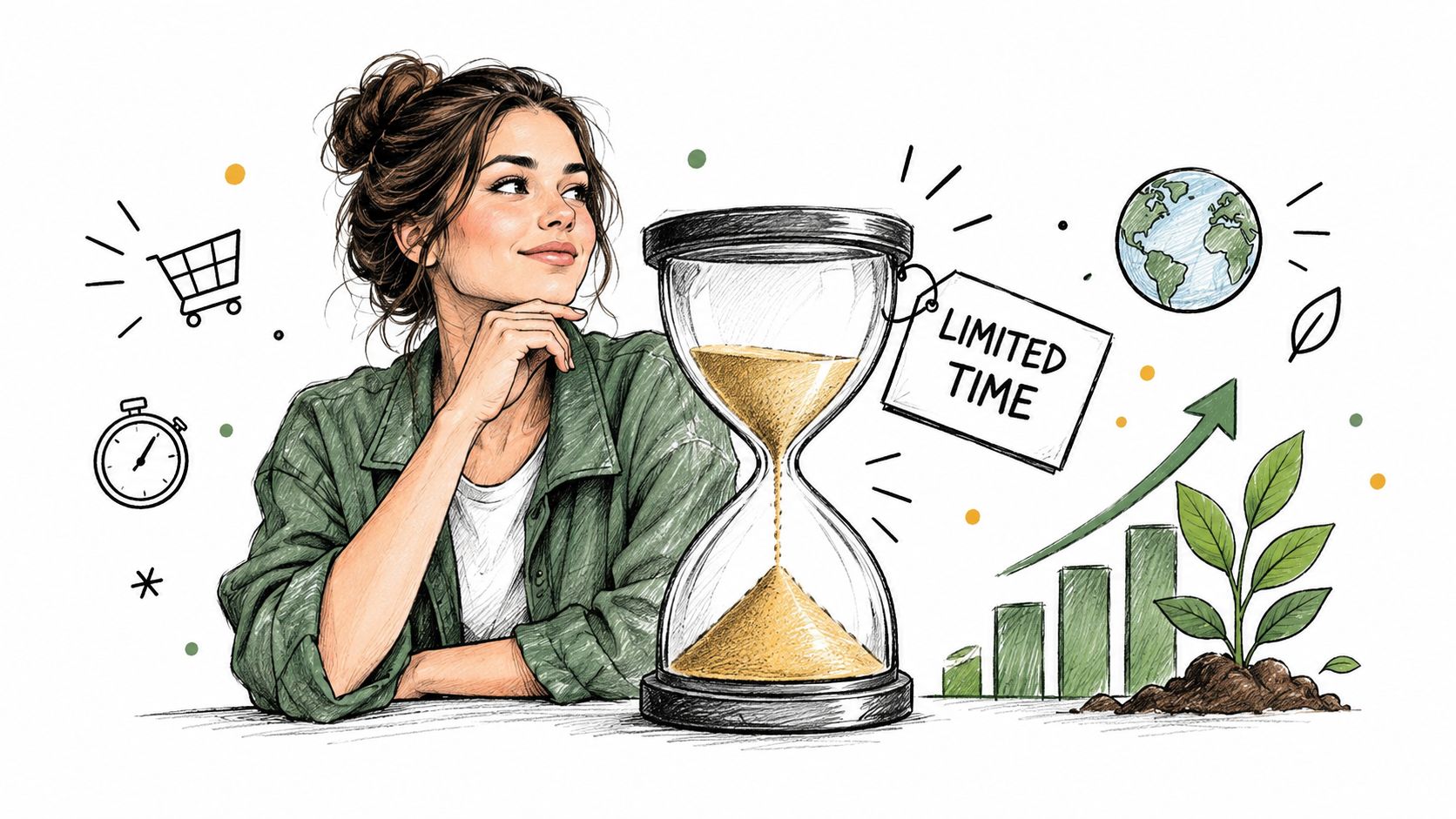 A woman looks thoughtfully at a large hourglass with a limited time sign next to it.