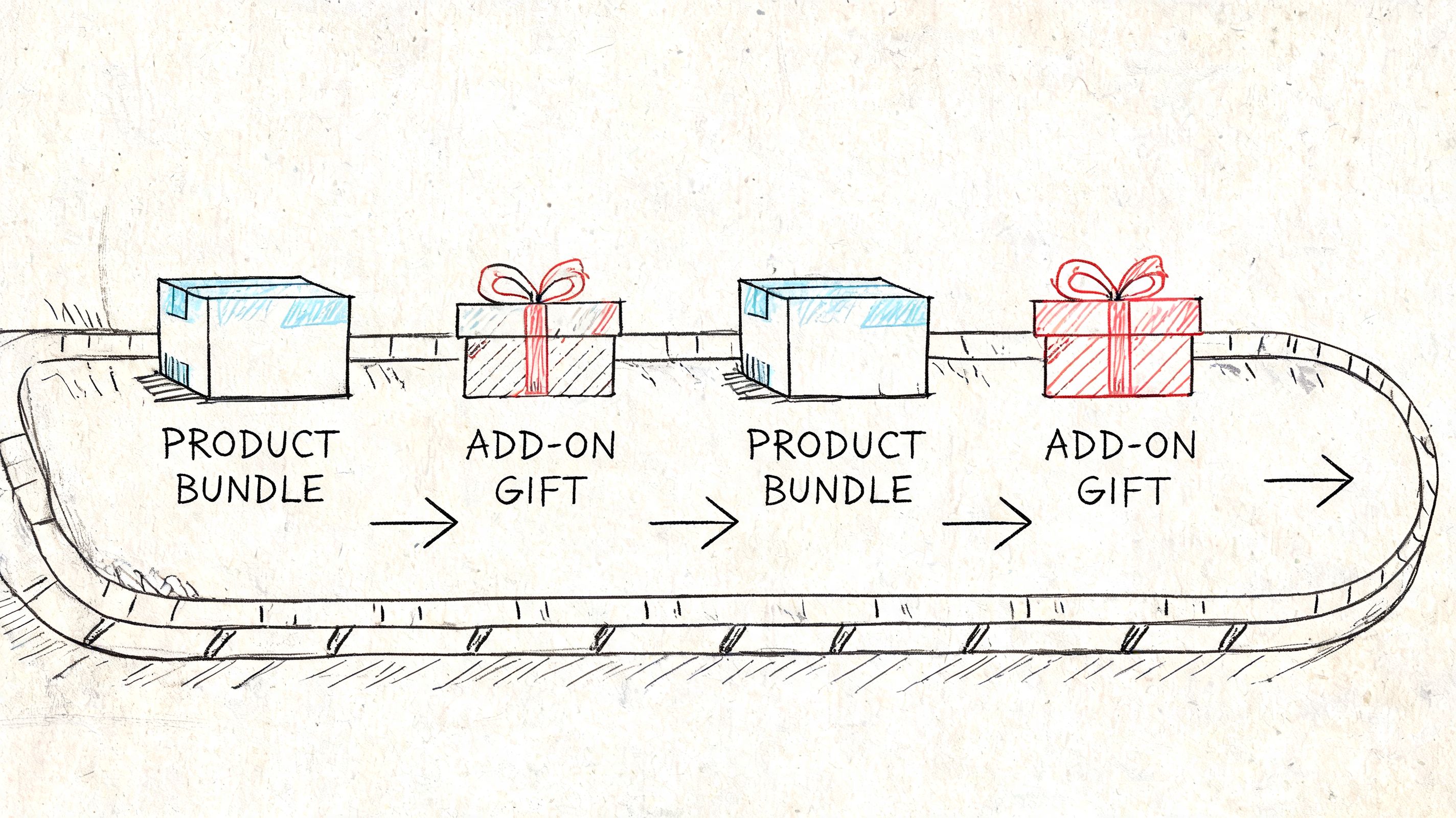 A hand-drawn illustration on a conveyor belt showing product bundles alternating with add-on gift boxes.
