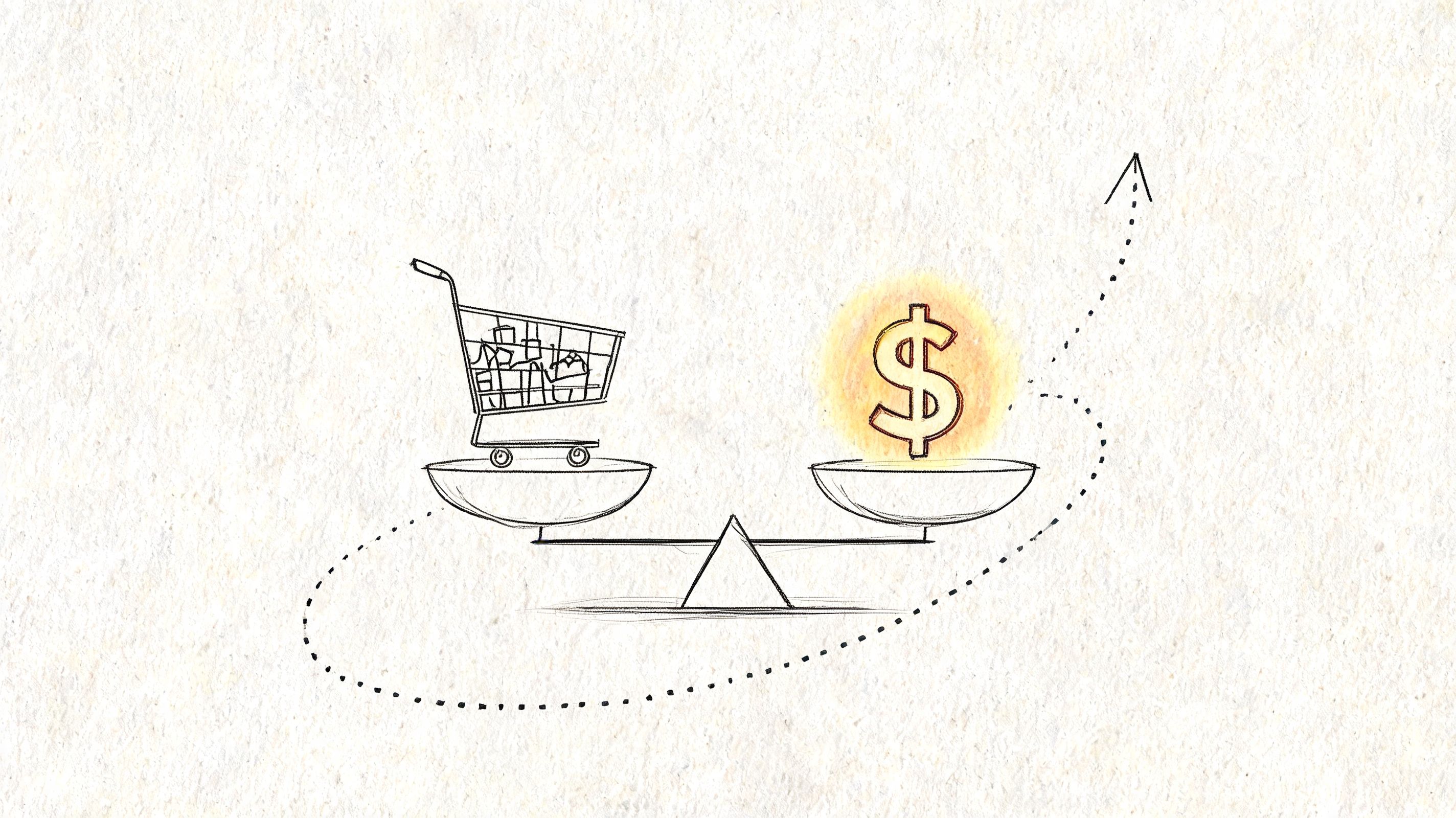 A conceptual sketch showing a shopping cart balanced against a glowing dollar sign on a scale.