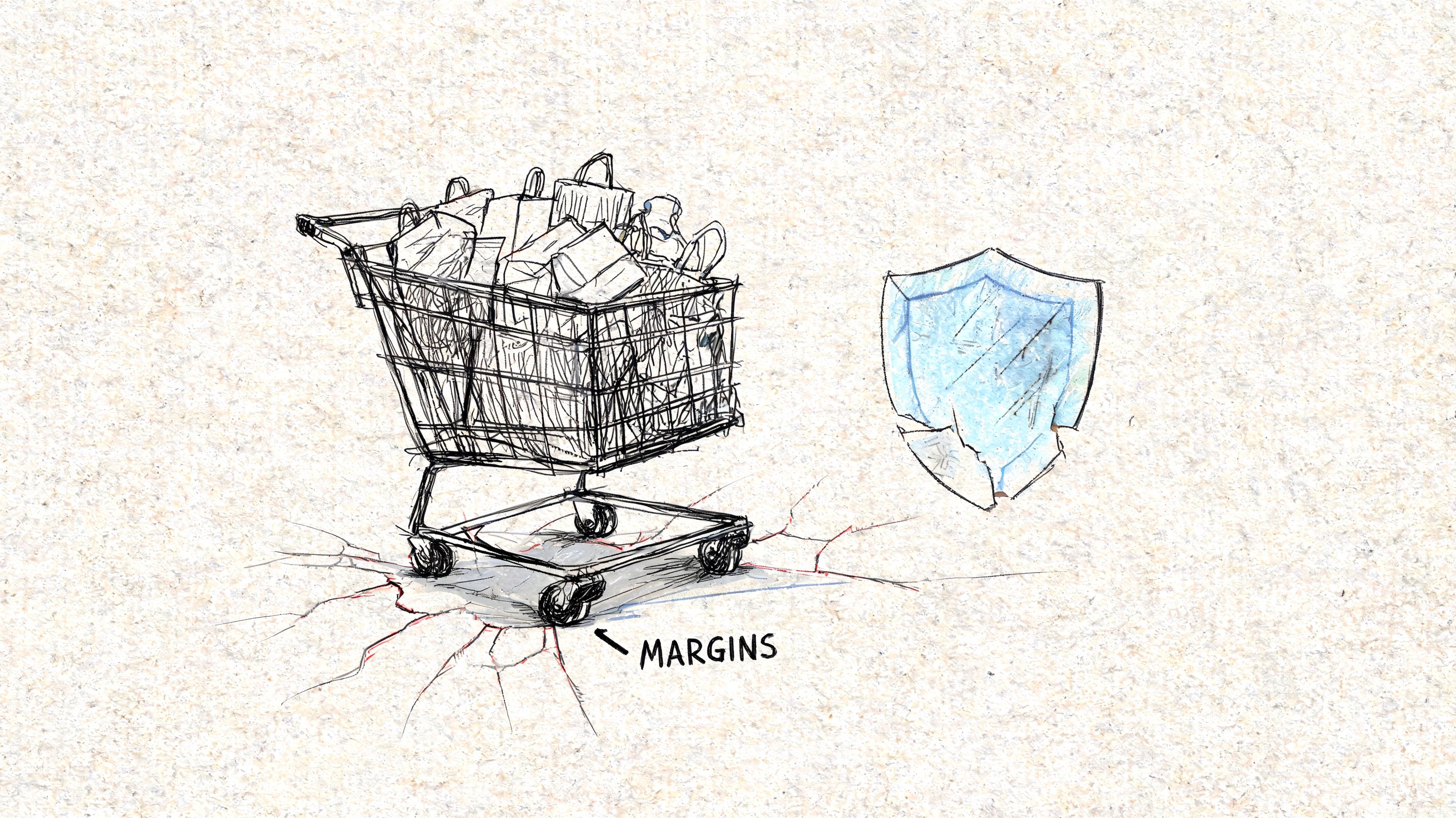 A hand-drawn sketch of a shopping cart cracking the ground labeled margins next to a blue shield.