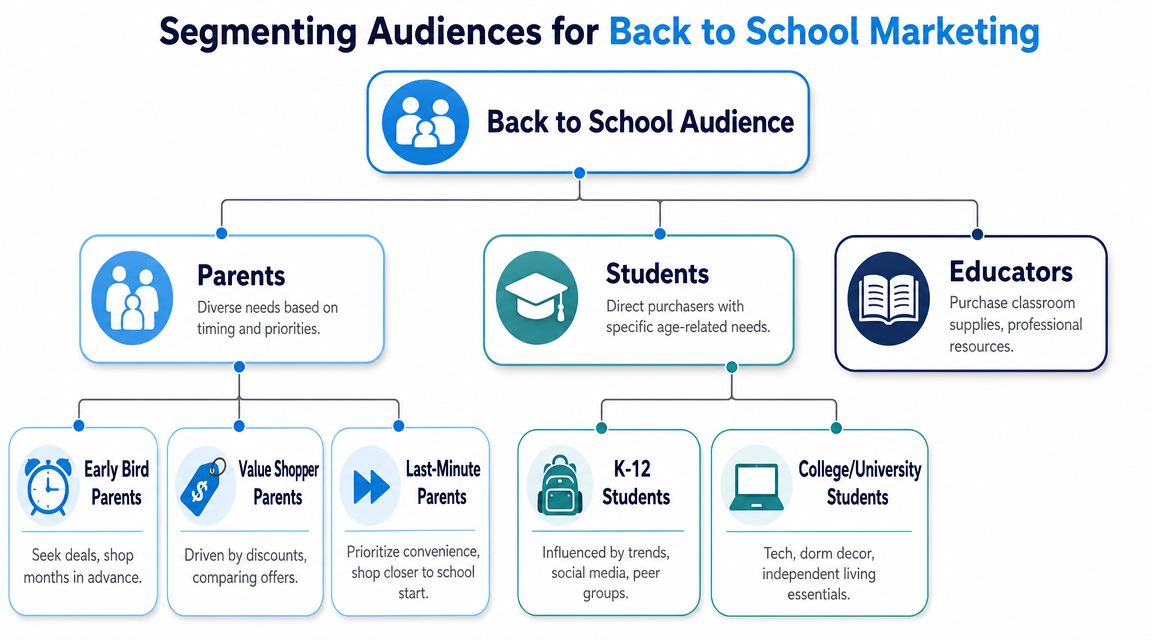 An organizational chart showing back to school marketing audience segments including parents, students, and educators.