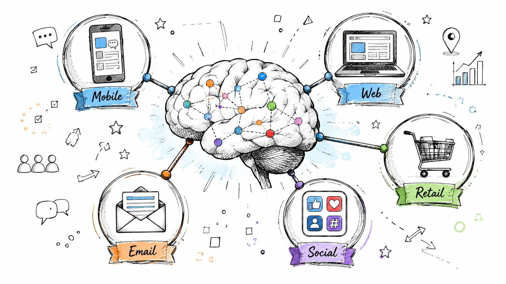 A conceptual illustration of a human brain connected to mobile, web, email, retail, and social media platforms.