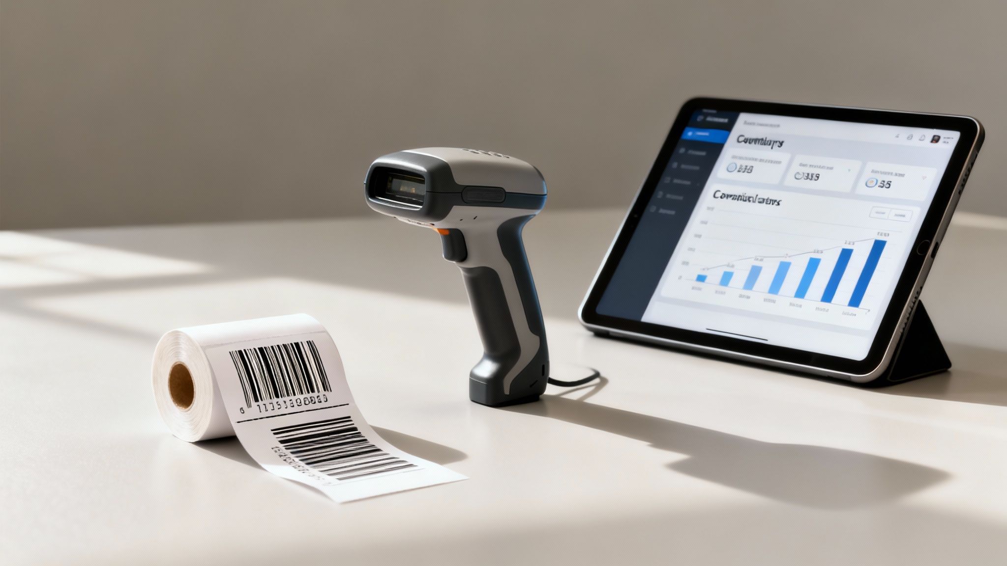 A barcode scanner, labels, and a tablet displaying inventory management system on a desk.