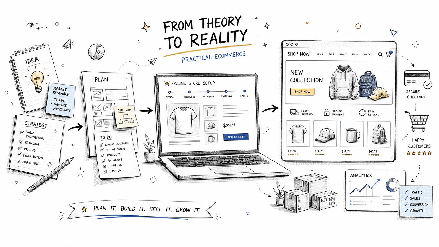 A hand-drawn illustration showing the step-by-step process of building an e-commerce business from theory to reality.