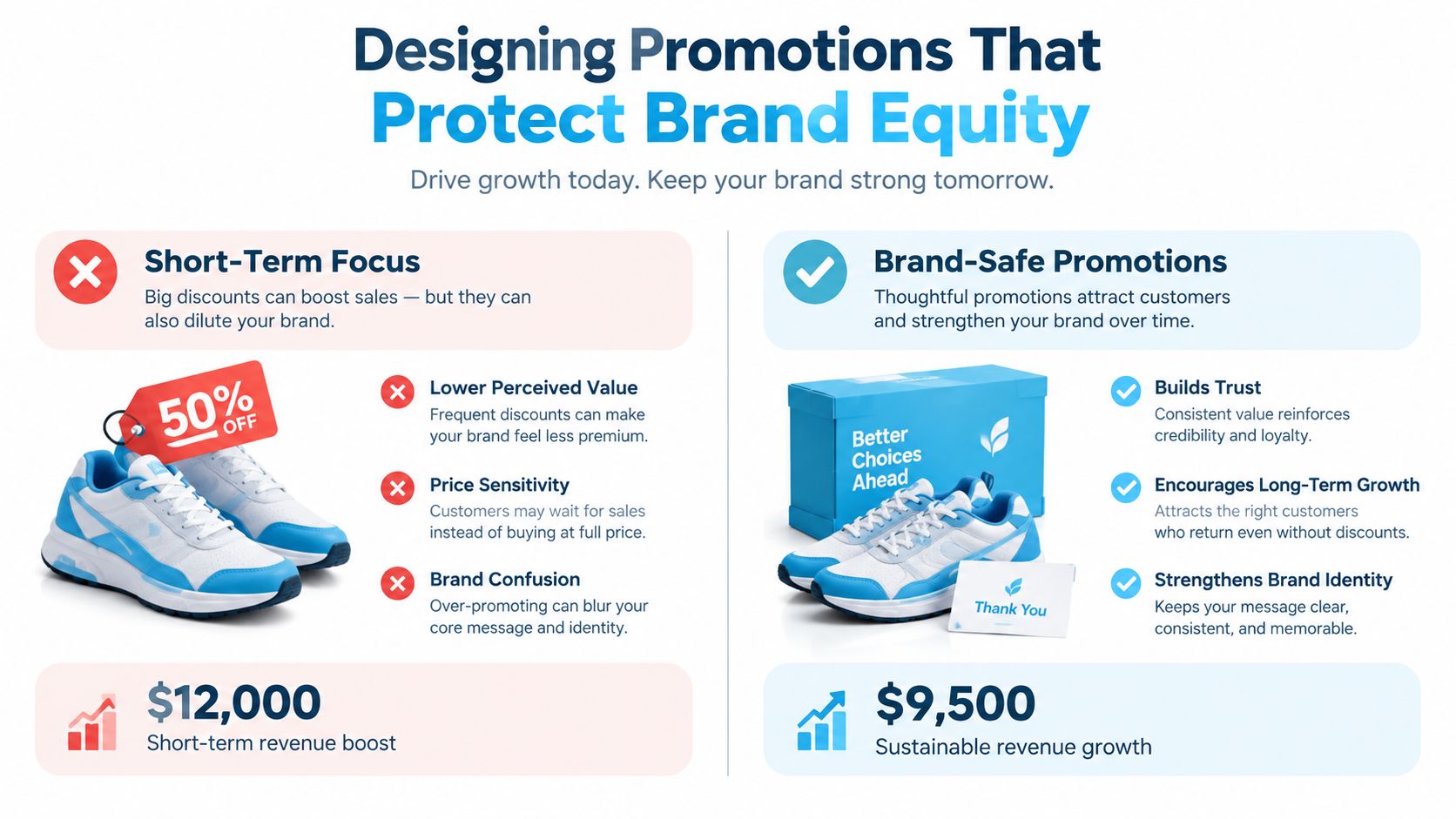 An infographic comparing short-term discount-focused promotions versus long-term brand-safe marketing strategies for retail growth.