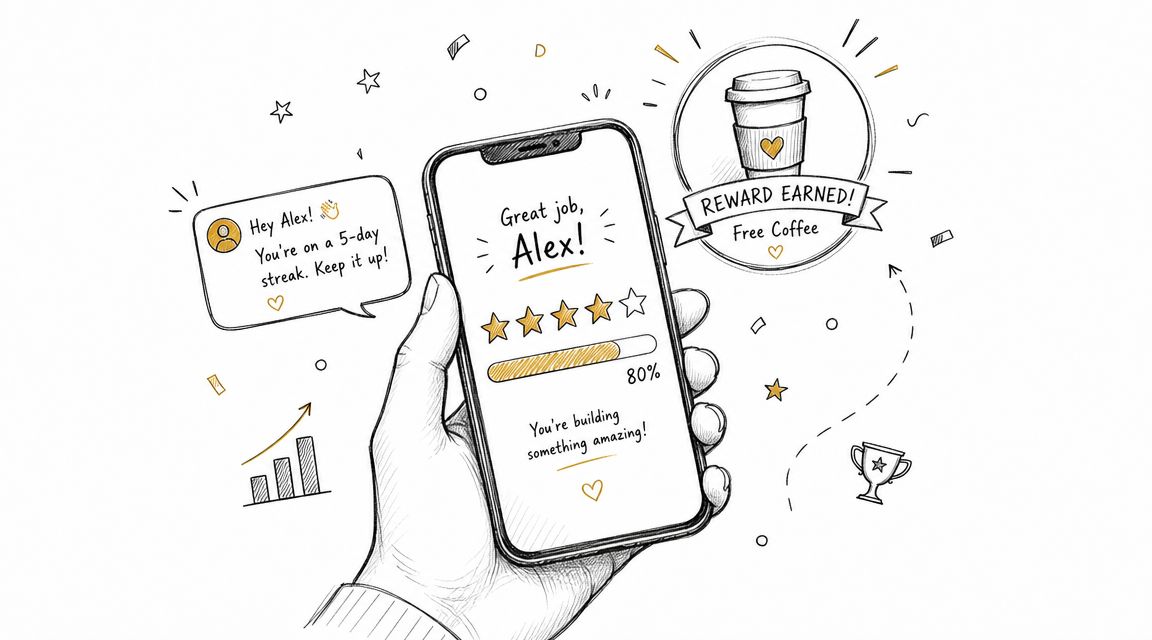 A hand holding a smartphone displaying a progress bar, rewards, and positive streaks in a doodle style.