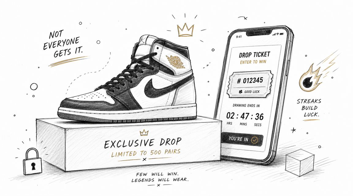 A hand-drawn illustration showing a limited edition sneaker drop event with a countdown timer and raffle ticket.
