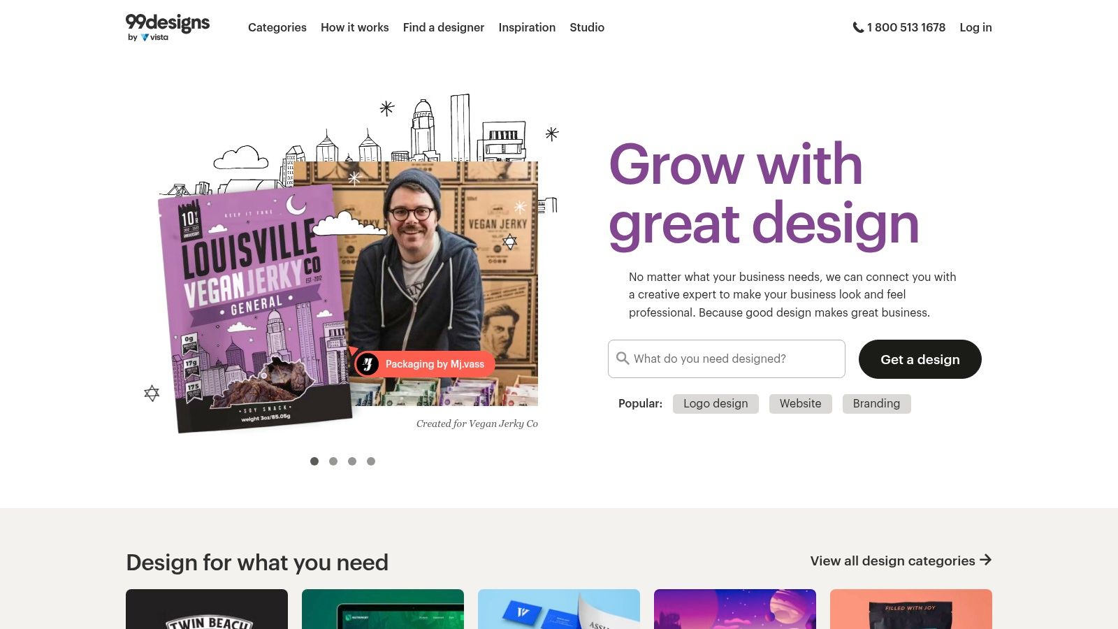 A screenshot of the 99designs by Vistaprint homepage, showing how the design contest platform works.