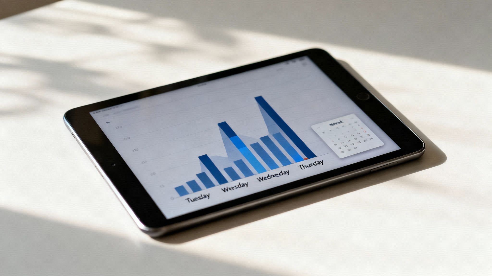 A tablet displays a bar chart showing data over Tuesday, Wednesday, and Thursday, with a calendar widget.