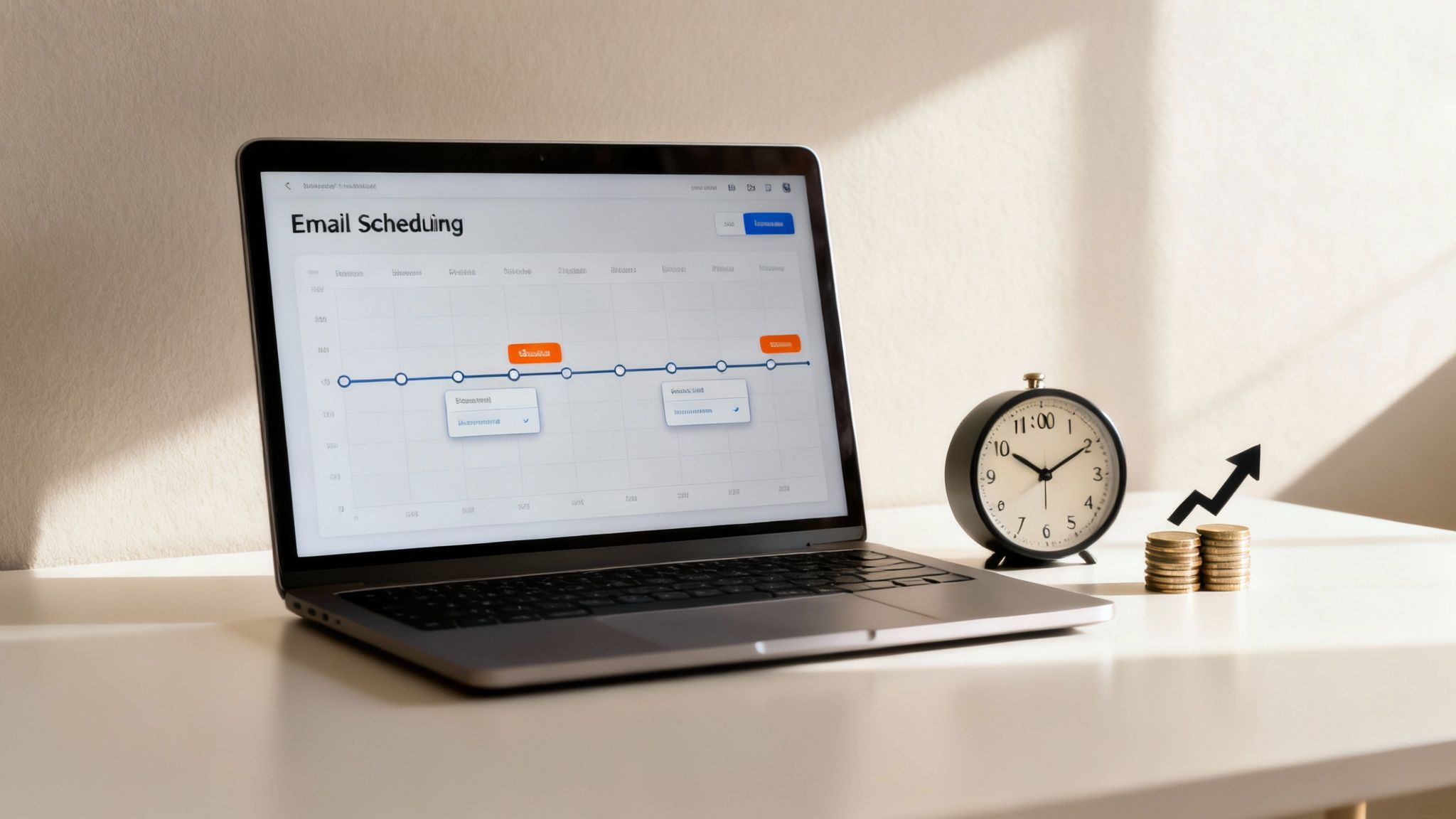 Laptop displaying email scheduling software, with an alarm clock, stacked coins, and a growth arrow.