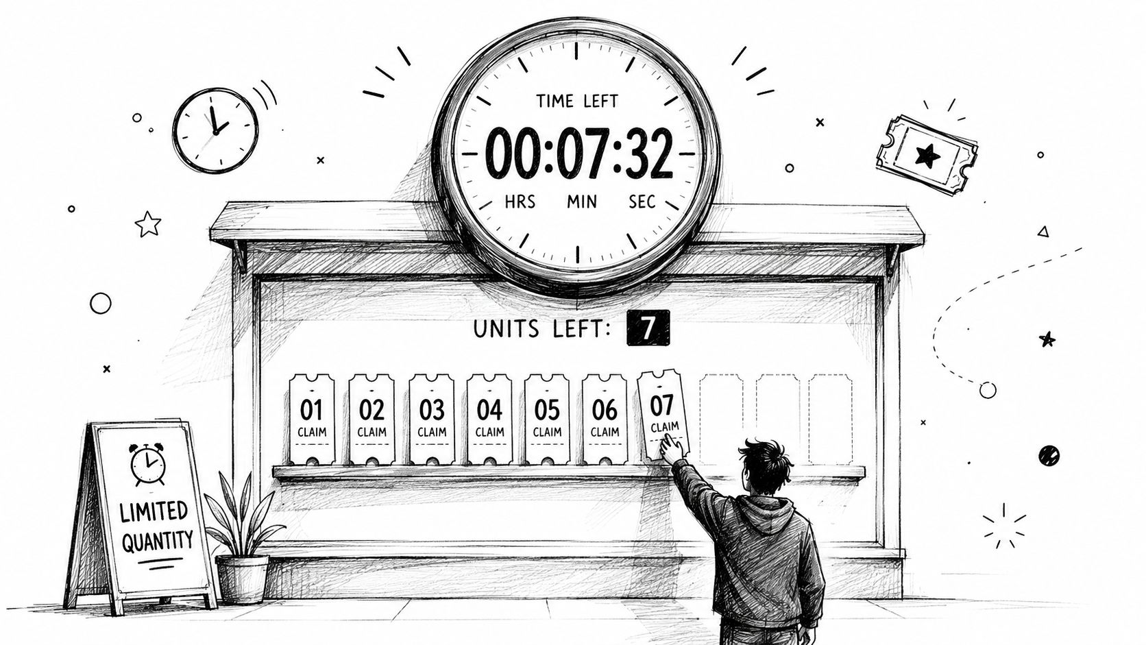 A hand selecting the final ticket from a limited quantity display with a countdown timer above.
