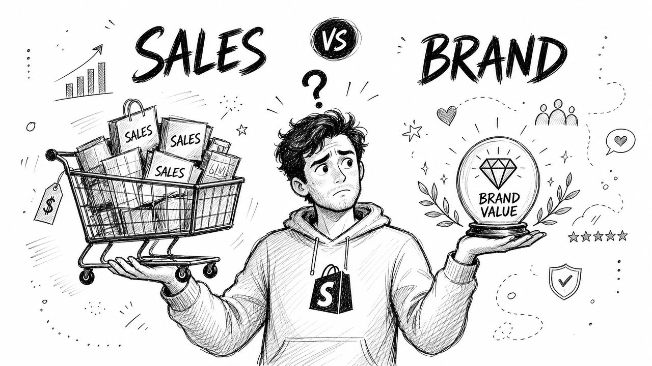 A sketched illustration of a person choosing between transactional sales and long-term brand value.
