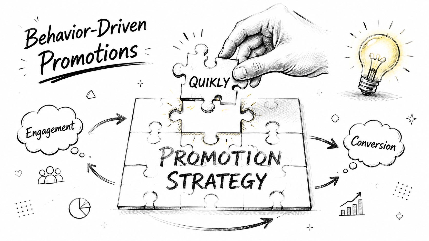 A hand placing a puzzle piece labeled Quikly into a Promotion Strategy puzzle, representing behavior-driven marketing.