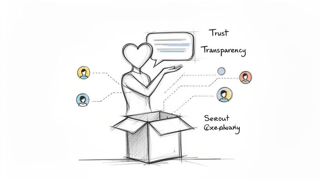 Sketch of a person emerging from a box, illustrating brand values like trust and transparency.