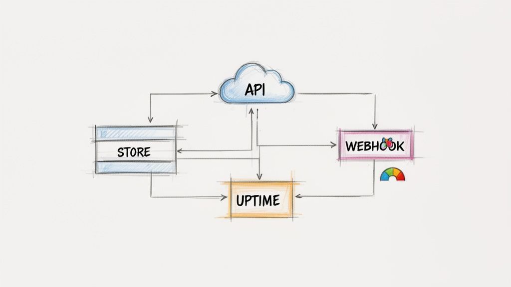 A hand-drawn system diagram illustrating an API connected to a store, webhook, and uptime monitor.