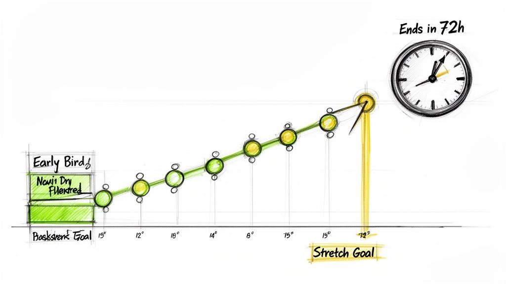 Hand-drawn chart illustrating business progress towards an early bird goal and stretch goal with a 72-hour deadline.