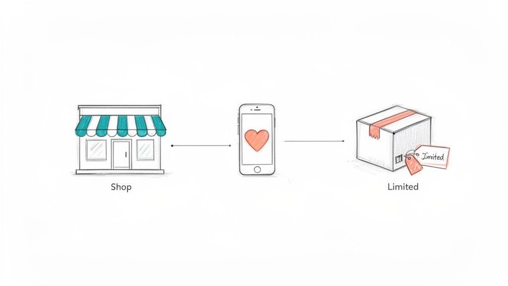 A diagram illustrates a business-to-consumer flow from a shop to a smartphone, leading to a limited product box.