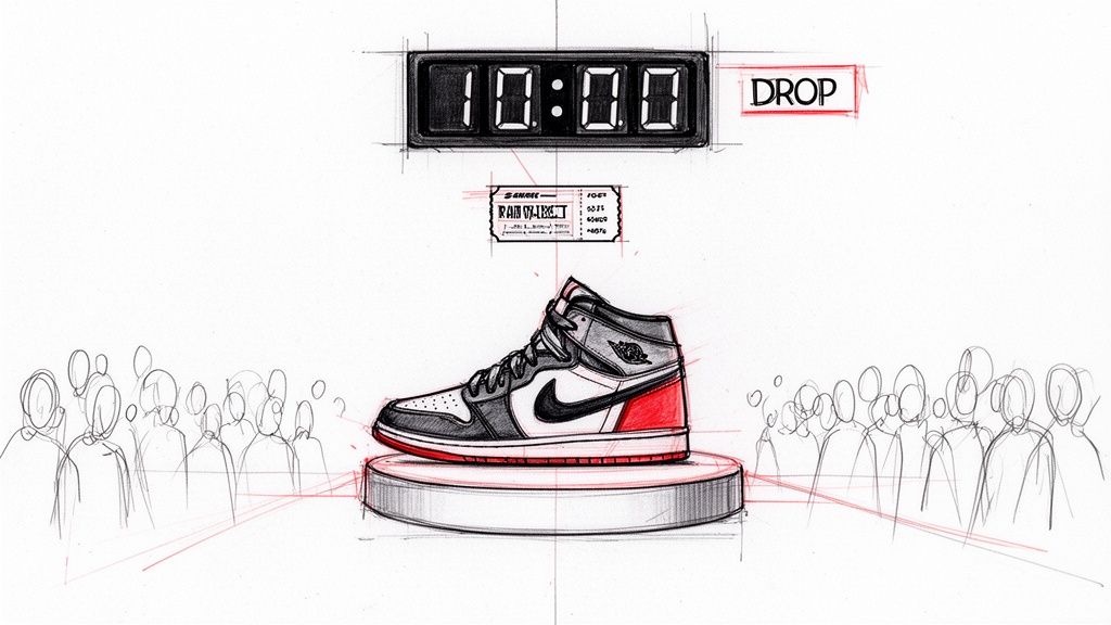 Sketch of an Air Jordan sneaker on a pedestal with a '10:00 DROP' countdown and a crowd.