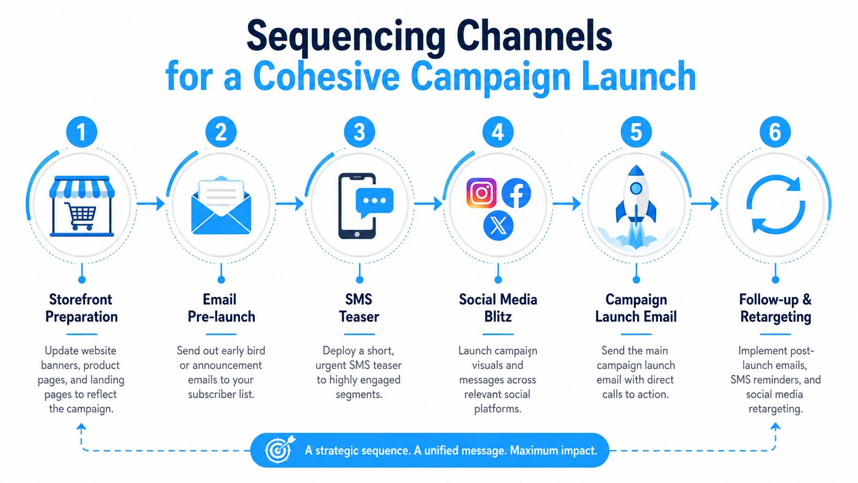 A six-step infographic illustrating the sequence of marketing channels for a cohesive campaign launch strategy.