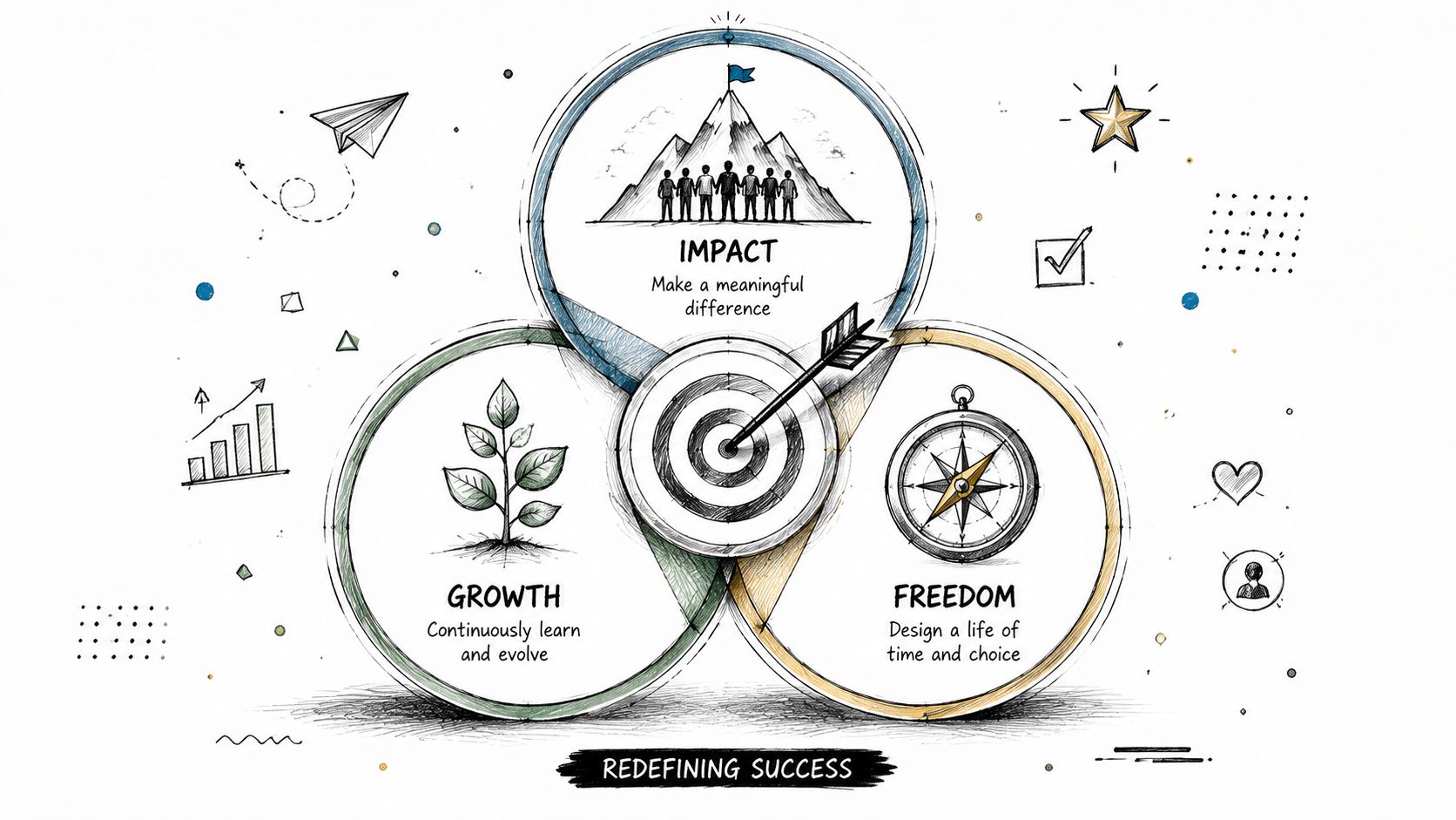 A hand-drawn illustration showing three intersecting circles labeled Impact, Growth, and Freedom with a central target.