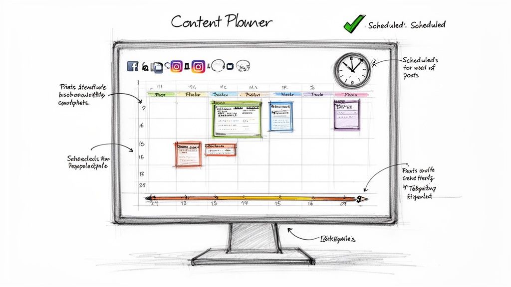 A hand-drawn sketch of a social media content planner on a monitor, showing scheduled posts.
