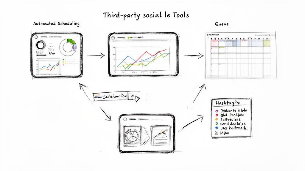 Diagram showing third-party social media tools, including automated scheduling, analytics, a queue, and hashtags.