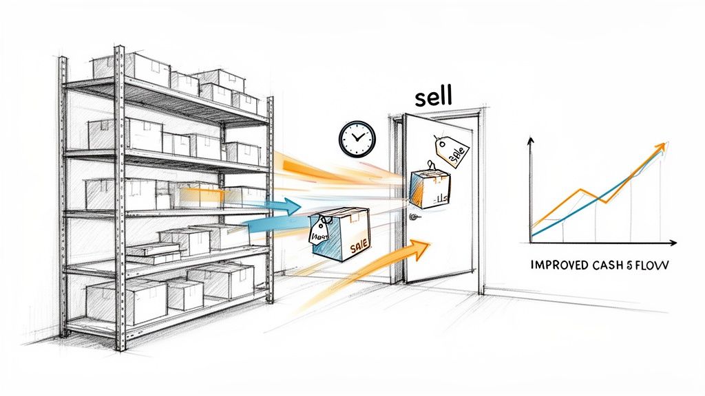 An illustration depicting inventory moving from shelves to sale, resulting in improved cash flow.