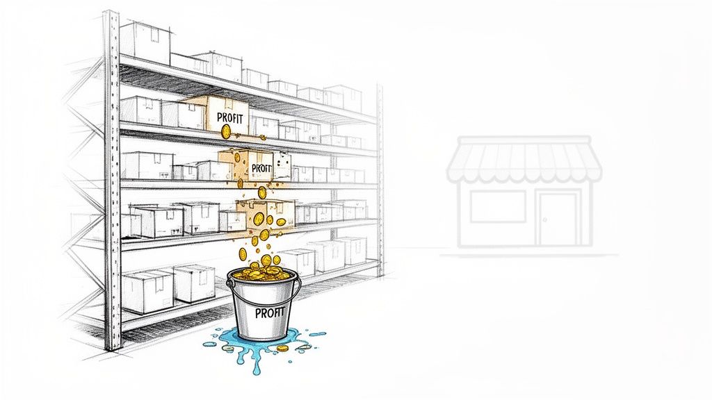 Illustration of a warehouse shelf system with boxes, showing profit leaking into a bucket with holes.
