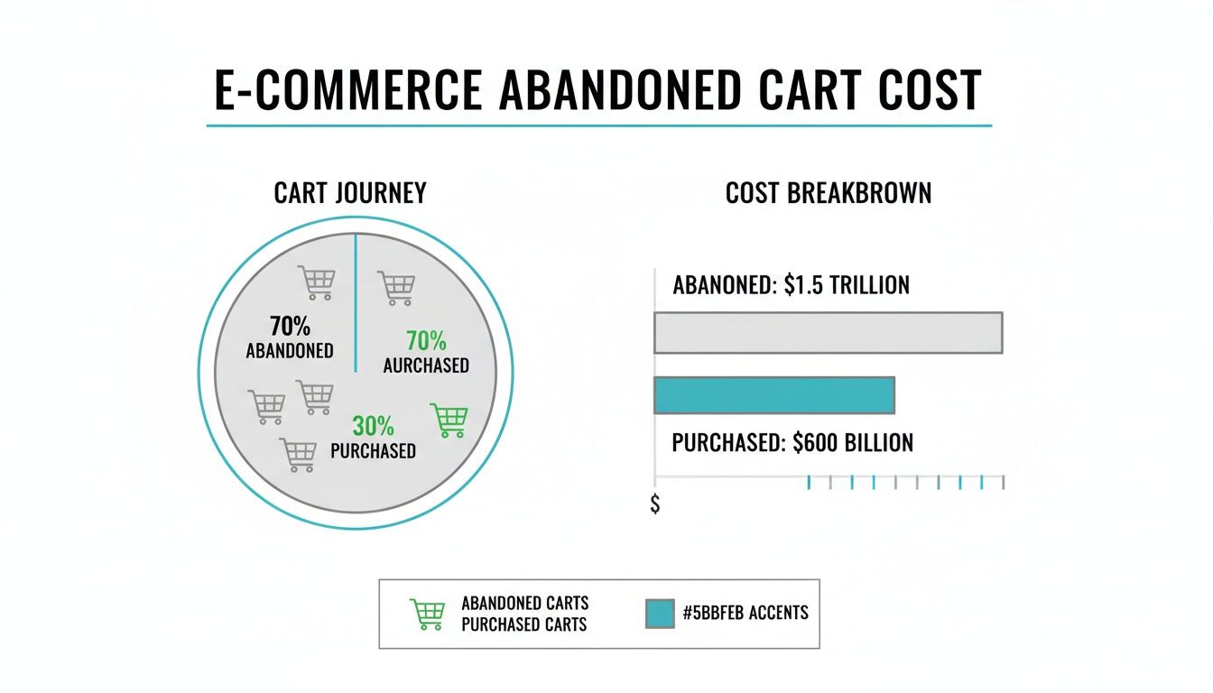 E-commerce infographic illustrating 70% abandoned carts and $1.5 trillion in lost revenue.