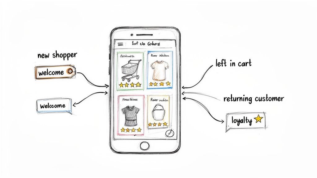 A mobile app showing personalized product recommendations for new shoppers, returning customers, and items left in cart.