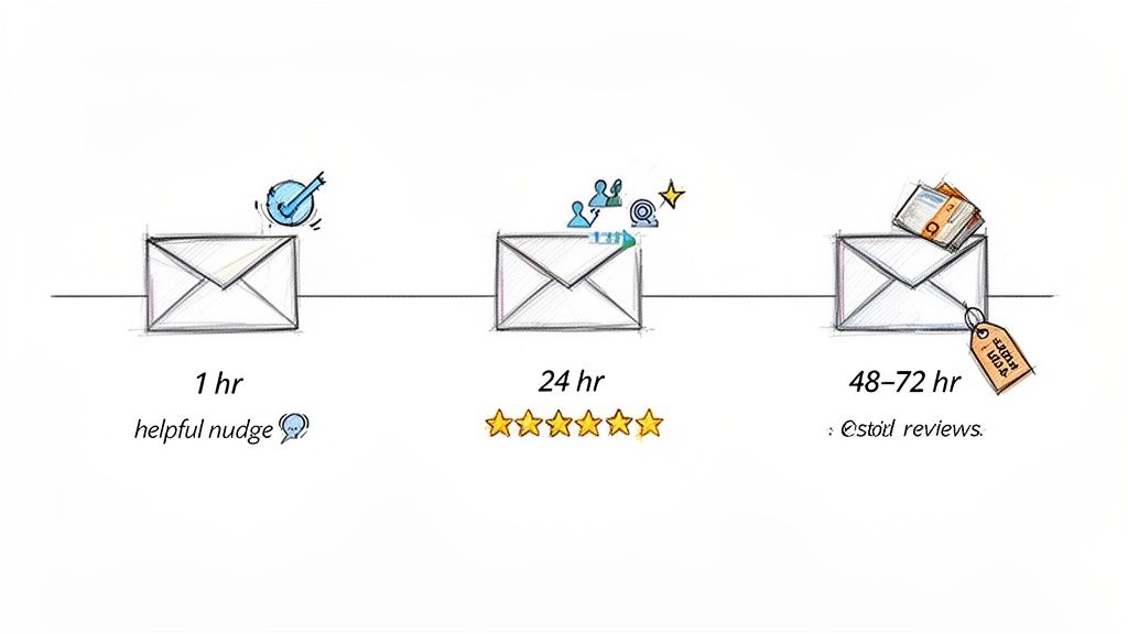 A timeline showing an email sequence: a helpful nudge at 1 hour, reviews at 24 hours, and a discount offer at 48-72 hours.