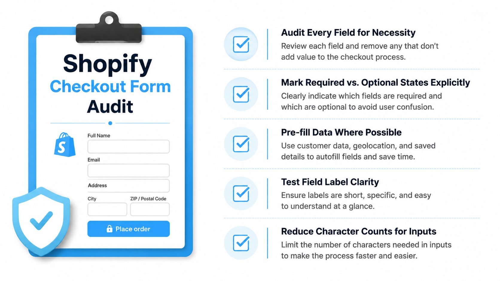 A clipboard infographic detailing key best practices for optimizing a Shopify checkout form for better user experience.