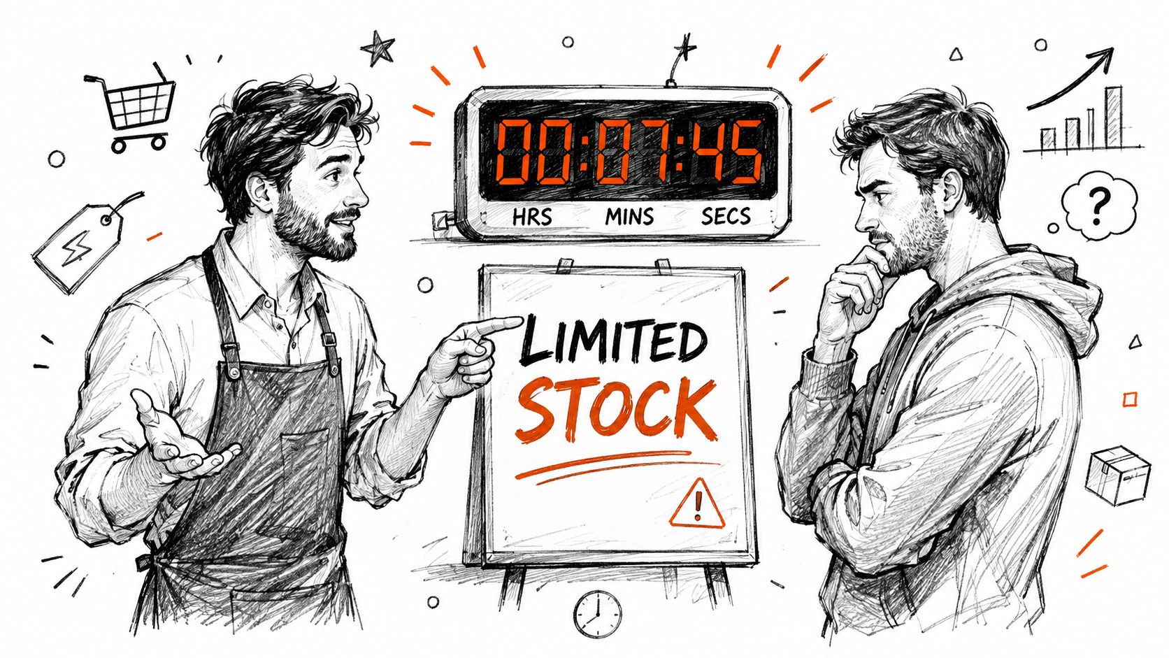 A charcoal sketch of a seller pointing to a limited stock sign with a timer beside a buyer.