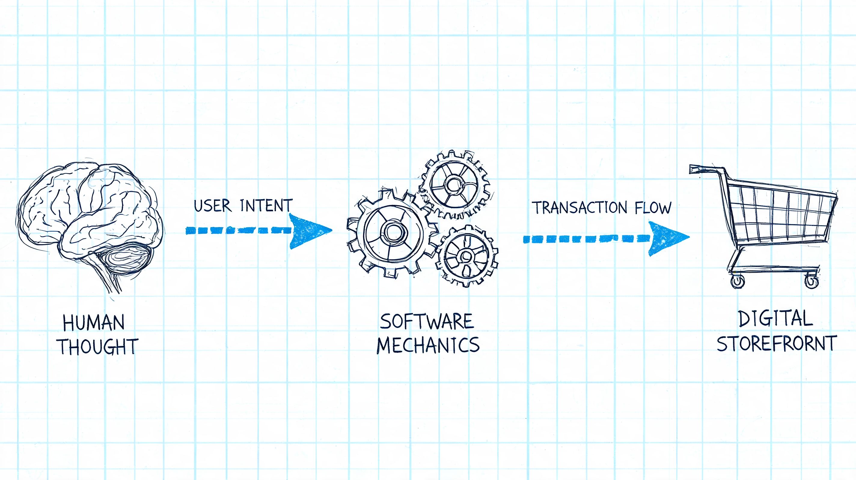A diagram illustrating the connection between human thought, software mechanics, and a digital storefront shopping cart.