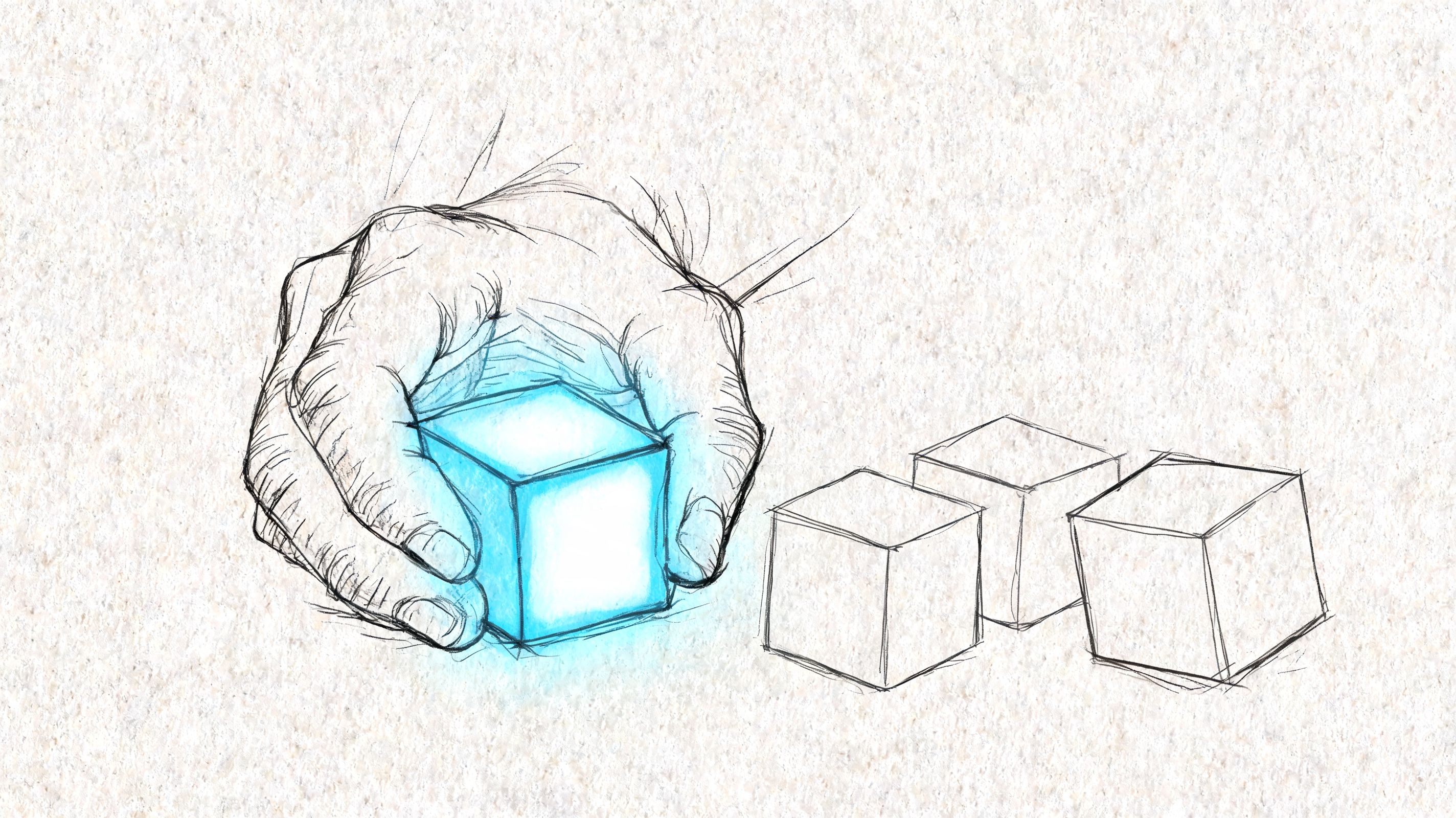 A hand placing a glowing blue cube next to several plain, non-glowing cubes on a textured surface.
