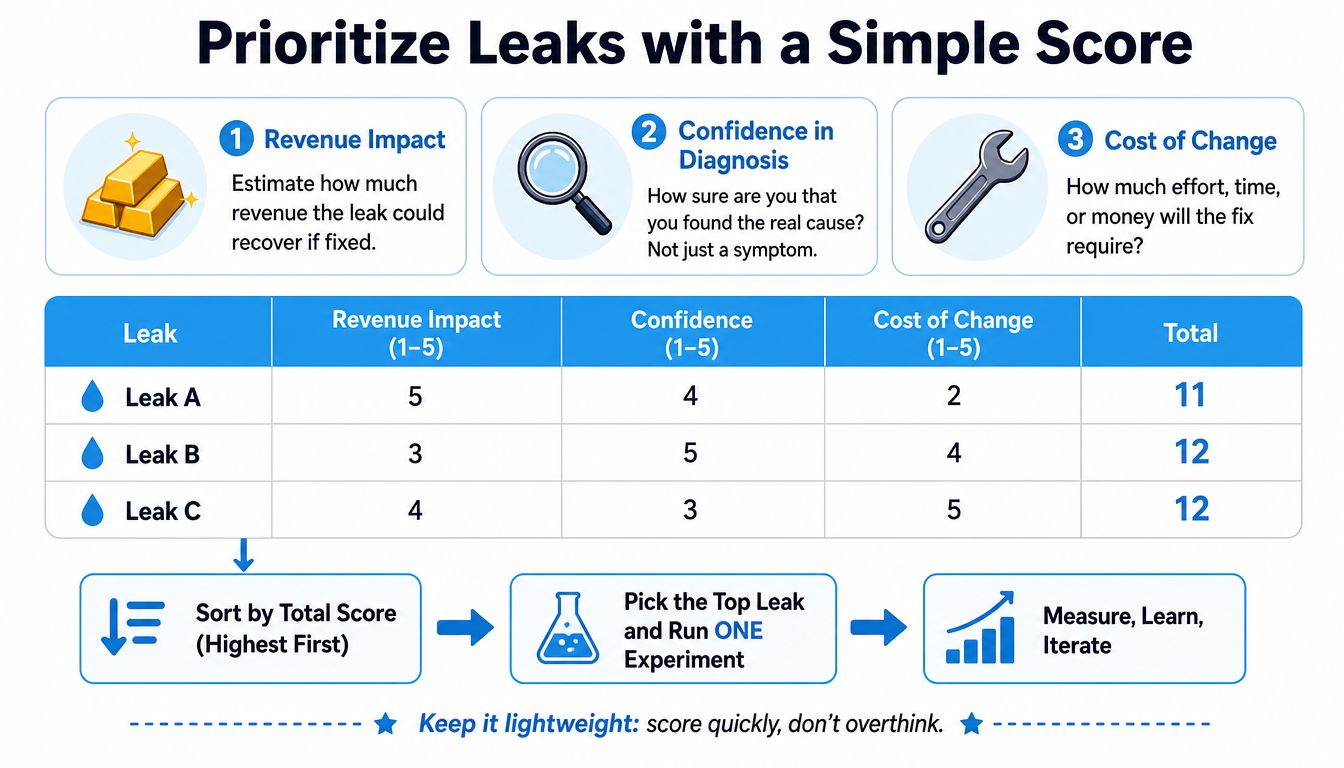 A diagram illustrating a method to prioritize revenue leaks by scoring impact, confidence, and cost of change.