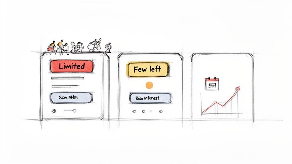 Hand-drawn sketches of three mobile app screens demonstrating conversion optimization strategies and scarcity.