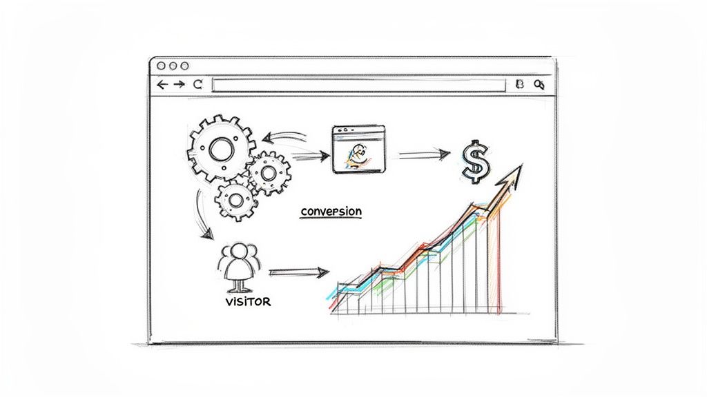 Sketch of a browser illustrating the website conversion optimization process from visitor interaction to revenue growth.
