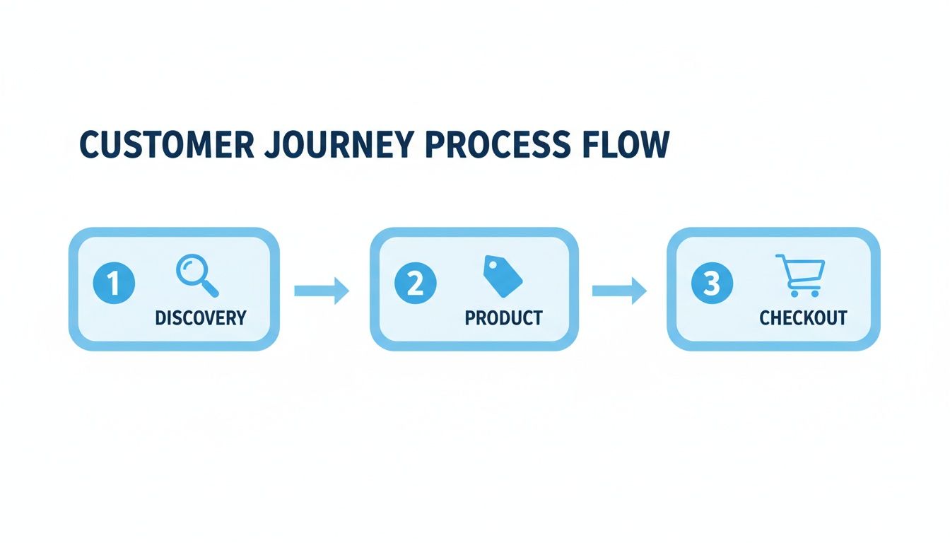 A three-step customer journey process flow diagram illustrating discovery, product selection, and checkout.
