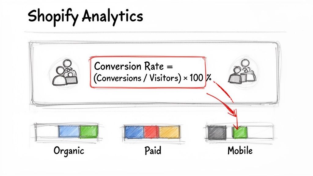 Shopify Analytics diagram explaining conversion rate calculation and breakdown by traffic source.