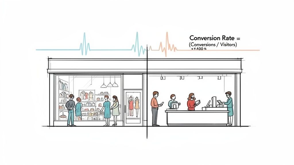 Illustration of a retail store showing customers browsing and making purchases, with a conversion rate formula displayed.