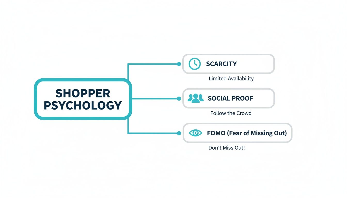 A diagram illustrating shopper psychology, detailing Scarcity, Social Proof, and FOMO as key principles.